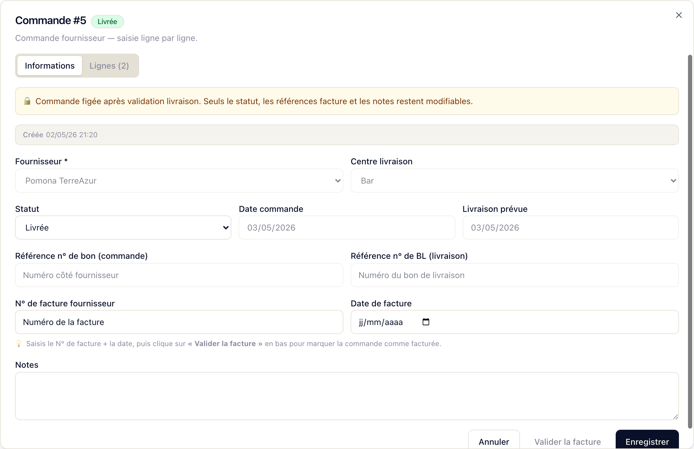 Détail d'une commande CHR Achats : timeline du cycle, actions de réception et relance