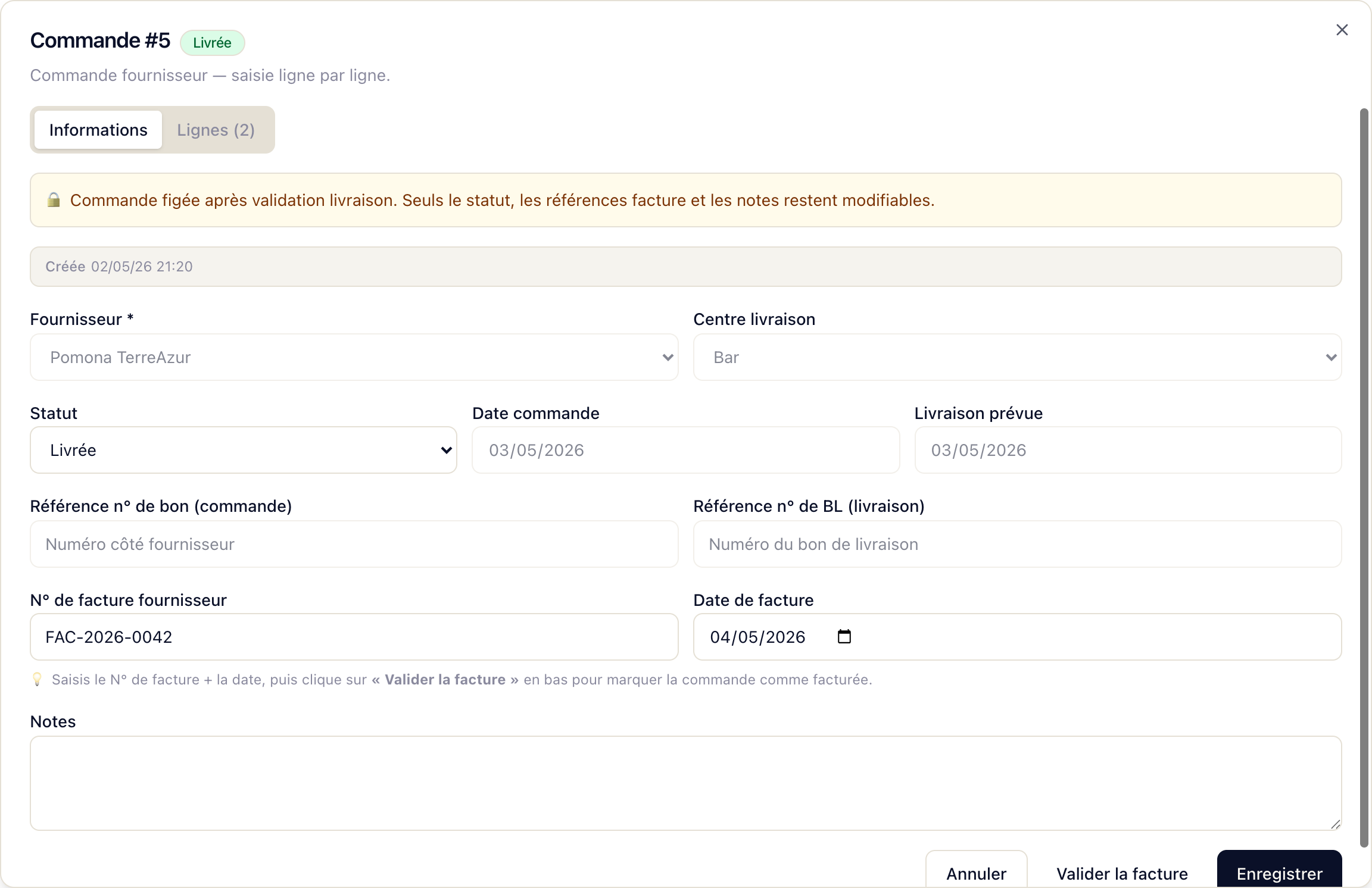 Saisie de facture CHR Achats : N° facture + date sur la commande livrée, validation tracée