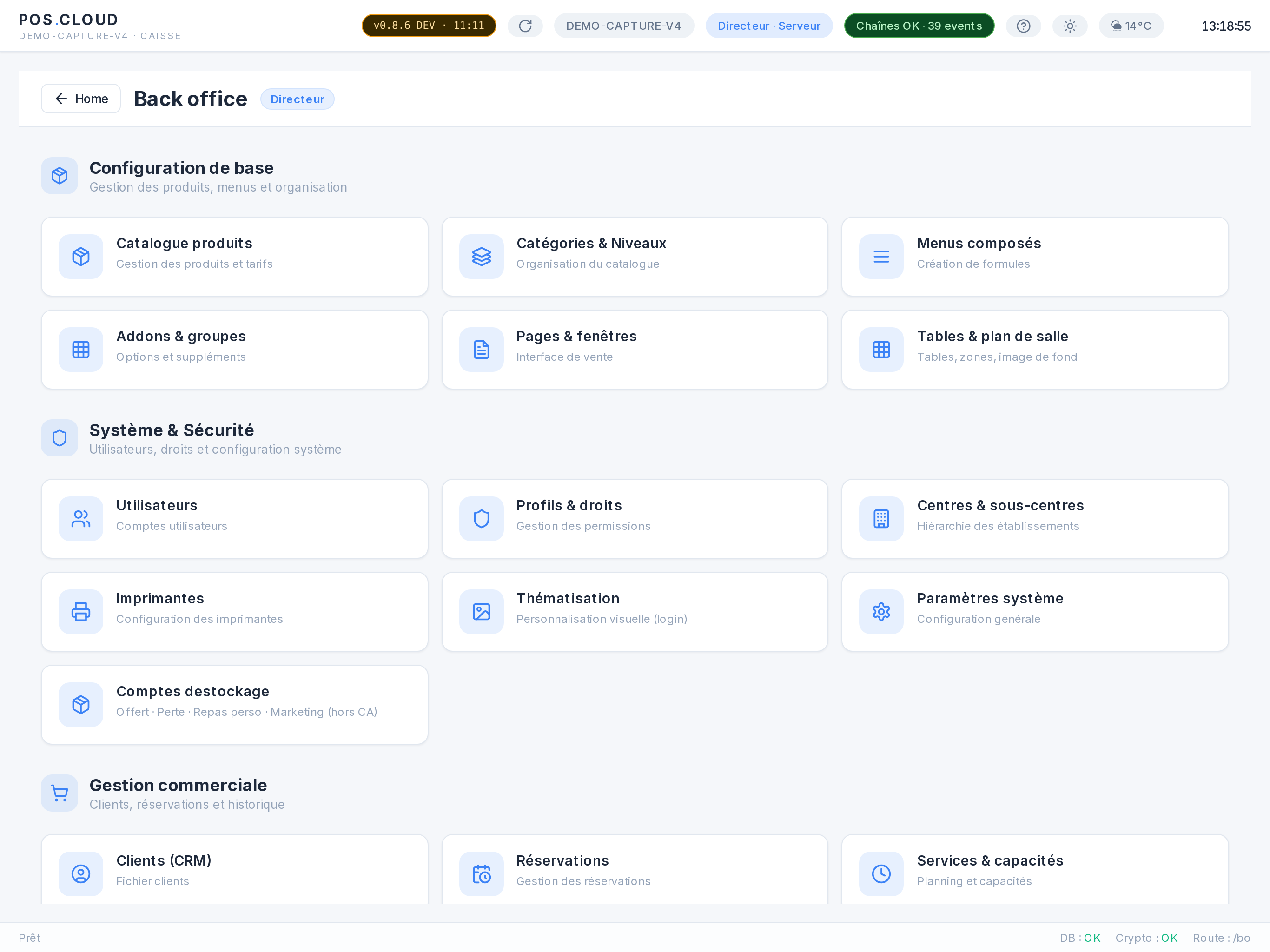 Back-office CHR POS : tuiles regroupant produits, utilisateurs, multi-centres et reporting