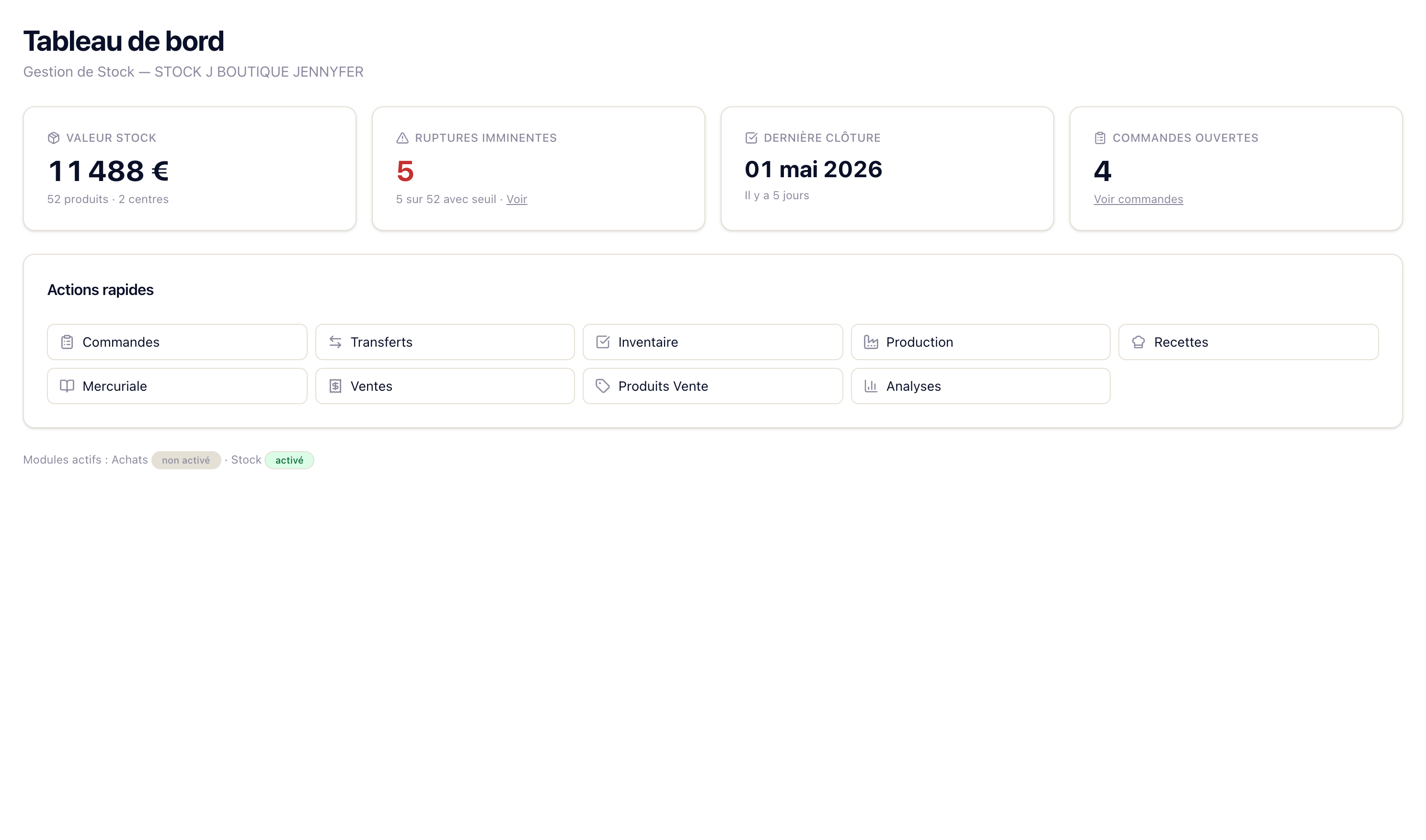 CHR Stock dashboard: stock value, stock-outs, last closure, open orders